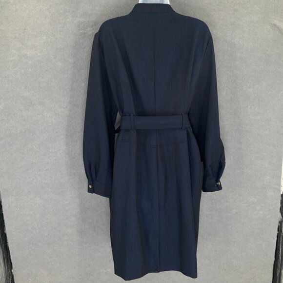 Calvin Klein Belted Dress Womens Sz 14  Navy Pinstripe Long Sleeve Gold Buttons - Picture 2 of 13